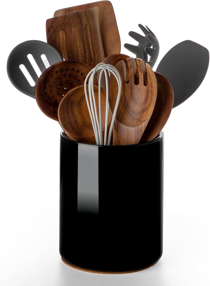 Nucookery Utensil Holder, 6.4" Ceramic Kitchen Utensil Holder with Countertop-Protection Cork Bottom, Farmhouse Kitchen Decor for Counter (Black) - Image 1